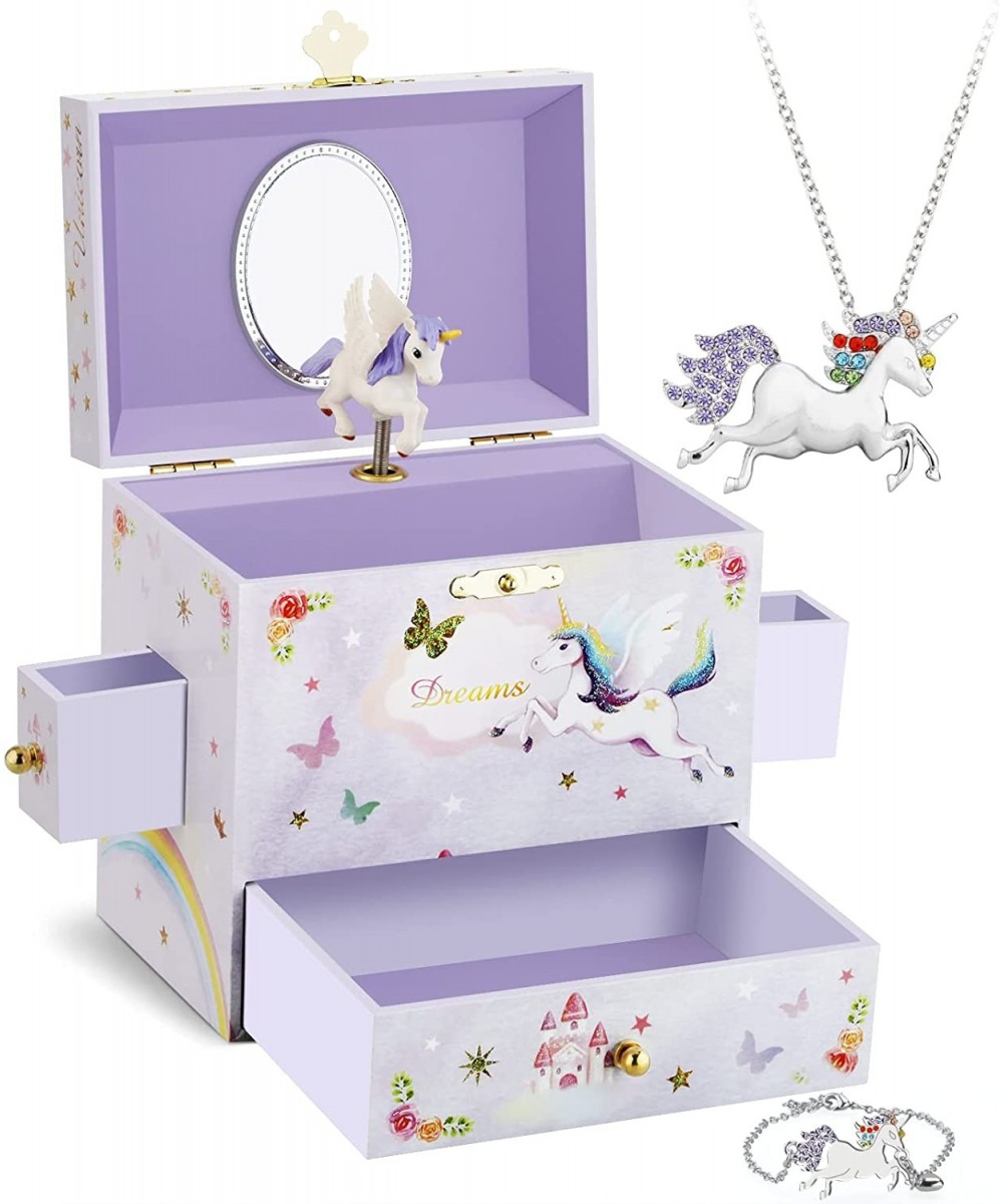 Musical Jewelry Box for Little Girls with 3 Drawers and Jewelry Set with Spinning Unicorn and Rainbow Butterfly Design - Beau...