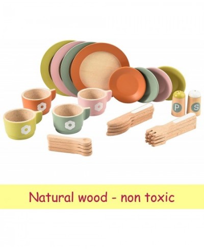 27PCS Wooden Toy Plates and Dishes for Kitchen Set Montessori Kitchen Toys for 3 4 5 Years Old Girls and Boys Wooden Play Kit...