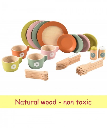 27PCS Wooden Toy Plates and Dishes for Kitchen Set Montessori Kitchen Toys for 3 4 5 Years Old Girls and Boys Wooden Play Kit...