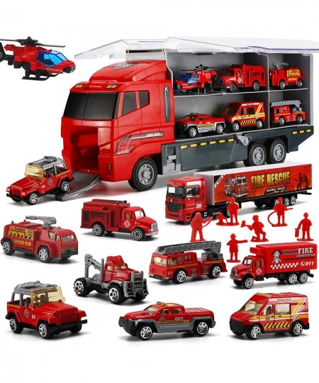 19 Pcs Fire Truck with Firefighter Toy Set Mini Die-cast Fire Engine Car in Carrier Truck Mini Rescue Emergency Double Side T...