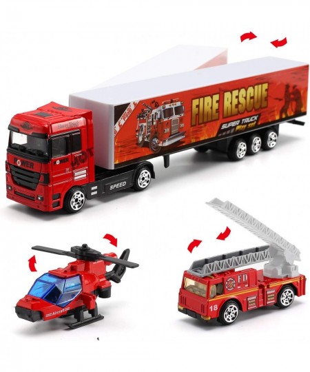 19 Pcs Fire Truck with Firefighter Toy Set Mini Die-cast Fire Engine Car in Carrier Truck Mini Rescue Emergency Double Side T...