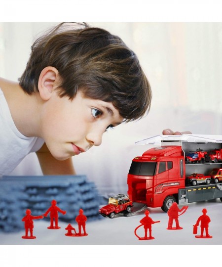 19 Pcs Fire Truck with Firefighter Toy Set Mini Die-cast Fire Engine Car in Carrier Truck Mini Rescue Emergency Double Side T...