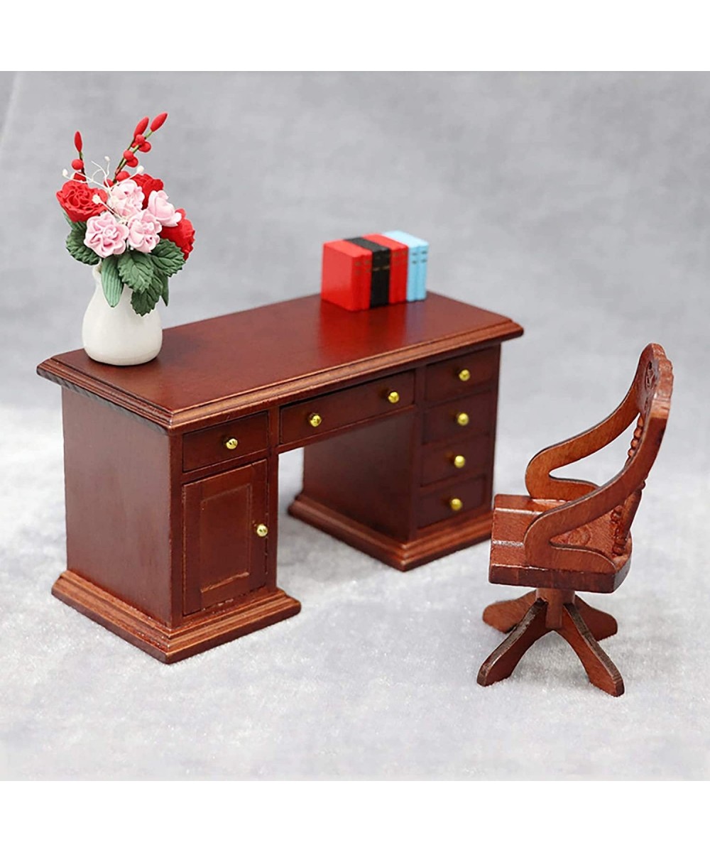 Dollhouse Miniatures Furniture Accessories Wooden 1/12 Scale Retro Dollhouse Writing Desk Chair Set Tiny Furniture for Decor ...