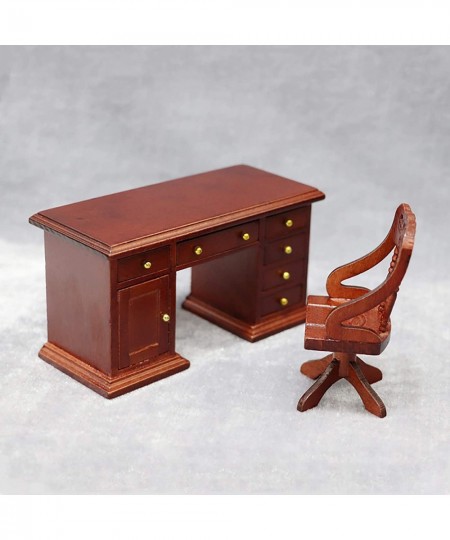 Dollhouse Miniatures Furniture Accessories Wooden 1/12 Scale Retro Dollhouse Writing Desk Chair Set Tiny Furniture for Decor ...