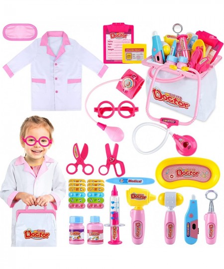 Toddler Doctor Kit for Kids 25 Pieces Pink Doctor Pretend-n-Play Medical Toys Set with Roleplay Doctor Costume for Toddlers a...