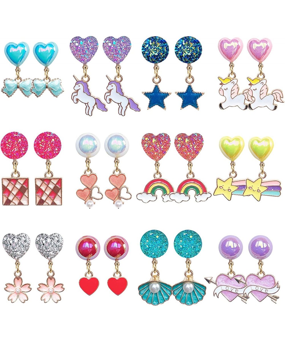 12 Pairs Clip On Earrings Girl Party Favor Princess Clip on Earrings Pretend Play Unicorn Earrings for Little Girl Kids Toddl...