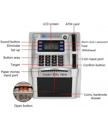 2022 Upgraded ATM Piggy Bank for Real Money ATM Savings Bank Machine for Kids Adults with Card Mini ATM Money Machine Coin Bi...