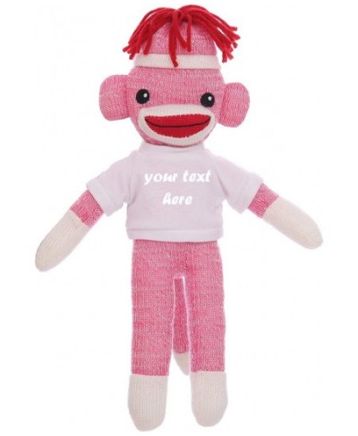 Huggable Pink Sock Monkey 8 Inch Plush Stuffed Animal Personalized Gift-Custom Text on Shirt-Perfect for Halloween Day Valent...