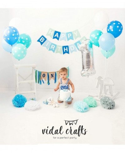 VIDAL CRAFTS 1st Birthday Boy Decorations Happy Bday Bunting High Chair Burlap Banner Tissue Pom Poms Balloons Cake Topper Pa...