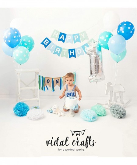 VIDAL CRAFTS 1st Birthday Boy Decorations Happy Bday Bunting High Chair Burlap Banner Tissue Pom Poms Balloons Cake Topper Pa...