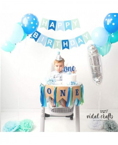 VIDAL CRAFTS 1st Birthday Boy Decorations Happy Bday Bunting High Chair Burlap Banner Tissue Pom Poms Balloons Cake Topper Pa...