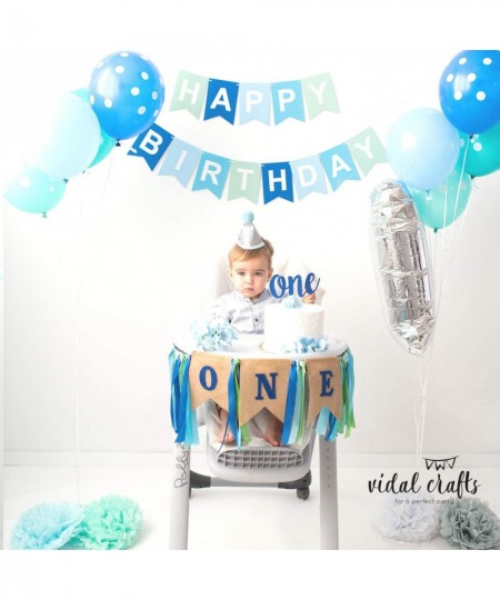 VIDAL CRAFTS 1st Birthday Boy Decorations Happy Bday Bunting High Chair Burlap Banner Tissue Pom Poms Balloons Cake Topper Pa...