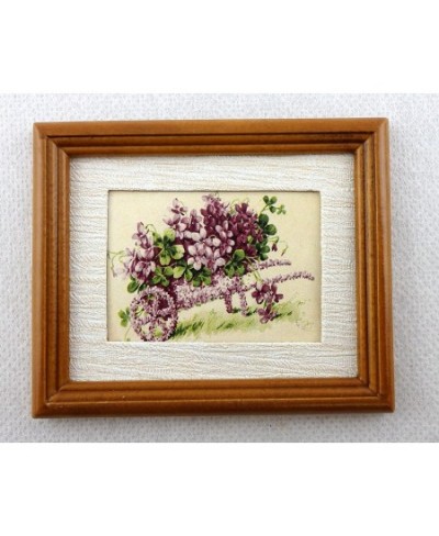 House Miniature Accessory Wheelbarrow of Violets Picture in Walnut Frame $21.78 - Dollhouse Accessories