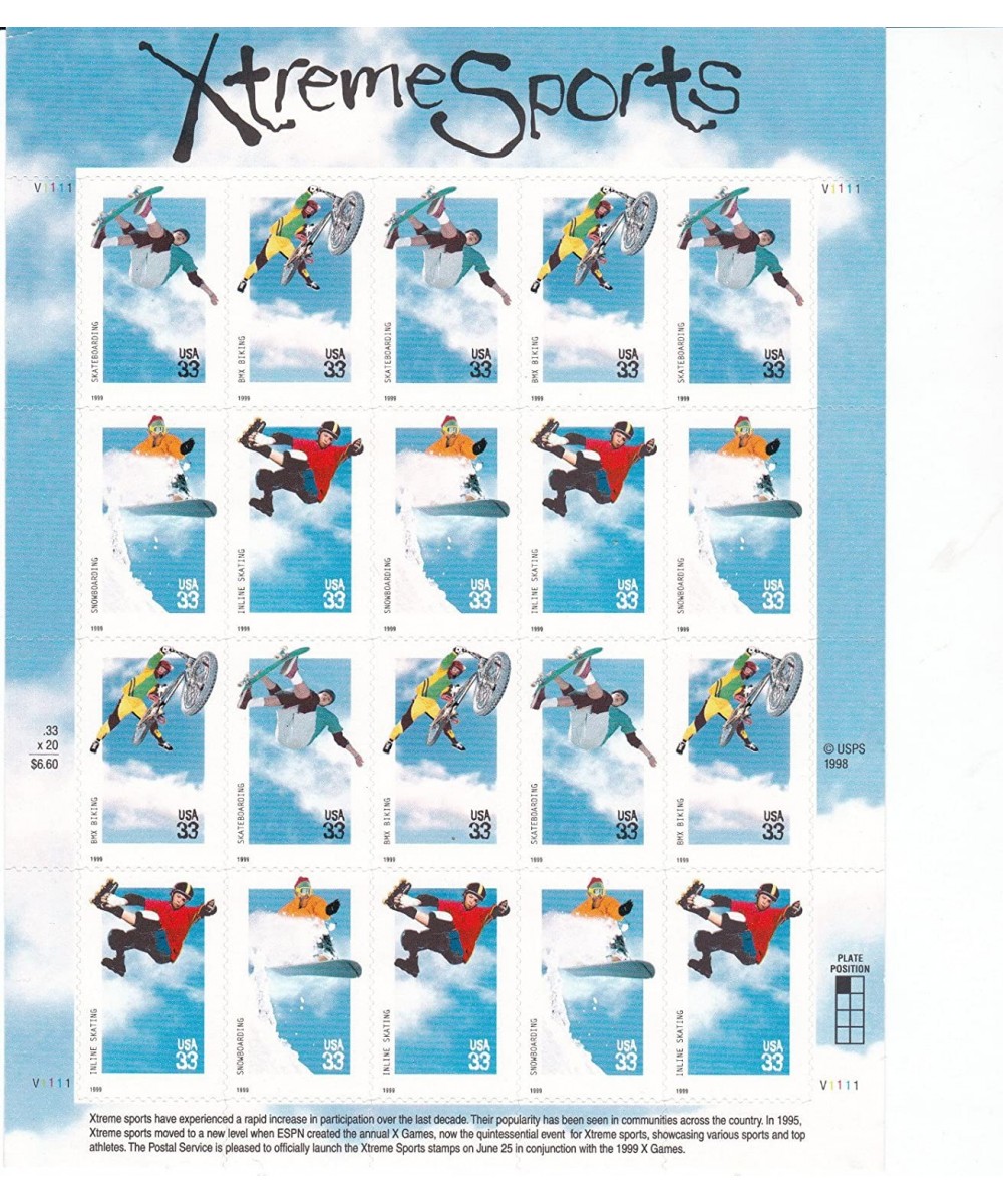 Xtreme Sports Collectible Sheet of Twenty 33 Cent Stamps $17.29 - Collectible Postage Stamps