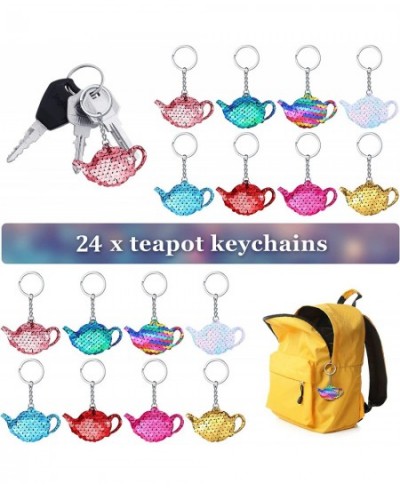 24 Pcs Girls Party Teapot Sequin Keychain Glitter Flip Sequin Keychain Tea Party Favors Reversible Teapot Key Chains for Kids...