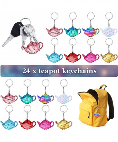 24 Pcs Girls Party Teapot Sequin Keychain Glitter Flip Sequin Keychain Tea Party Favors Reversible Teapot Key Chains for Kids...