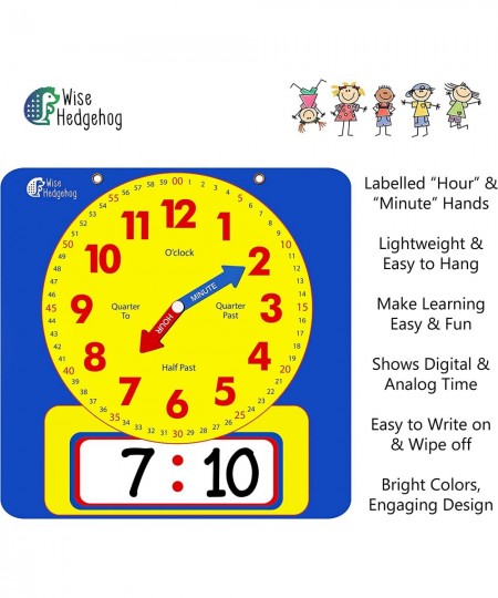 Write & Wipe Teaching Demonstration Clock Large Kids Telling Time Learning Clock for Analog and Digital Time Labelled Minute ...