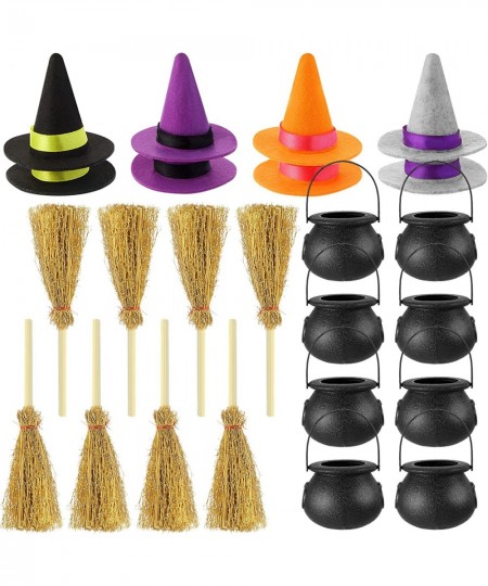 24 Pcs Halloween Mini Witch Hats Mini Broom Candy Cauldron Kettles Halloween Decorations Witch Craft Miniatures Wizard Access...