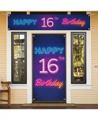 Neon Happy 16th Birthday Door Cover Porch Banner and Large Yard Sign Set Decor Colorful - Glow Neon Theme 16 Years Old Birthd...