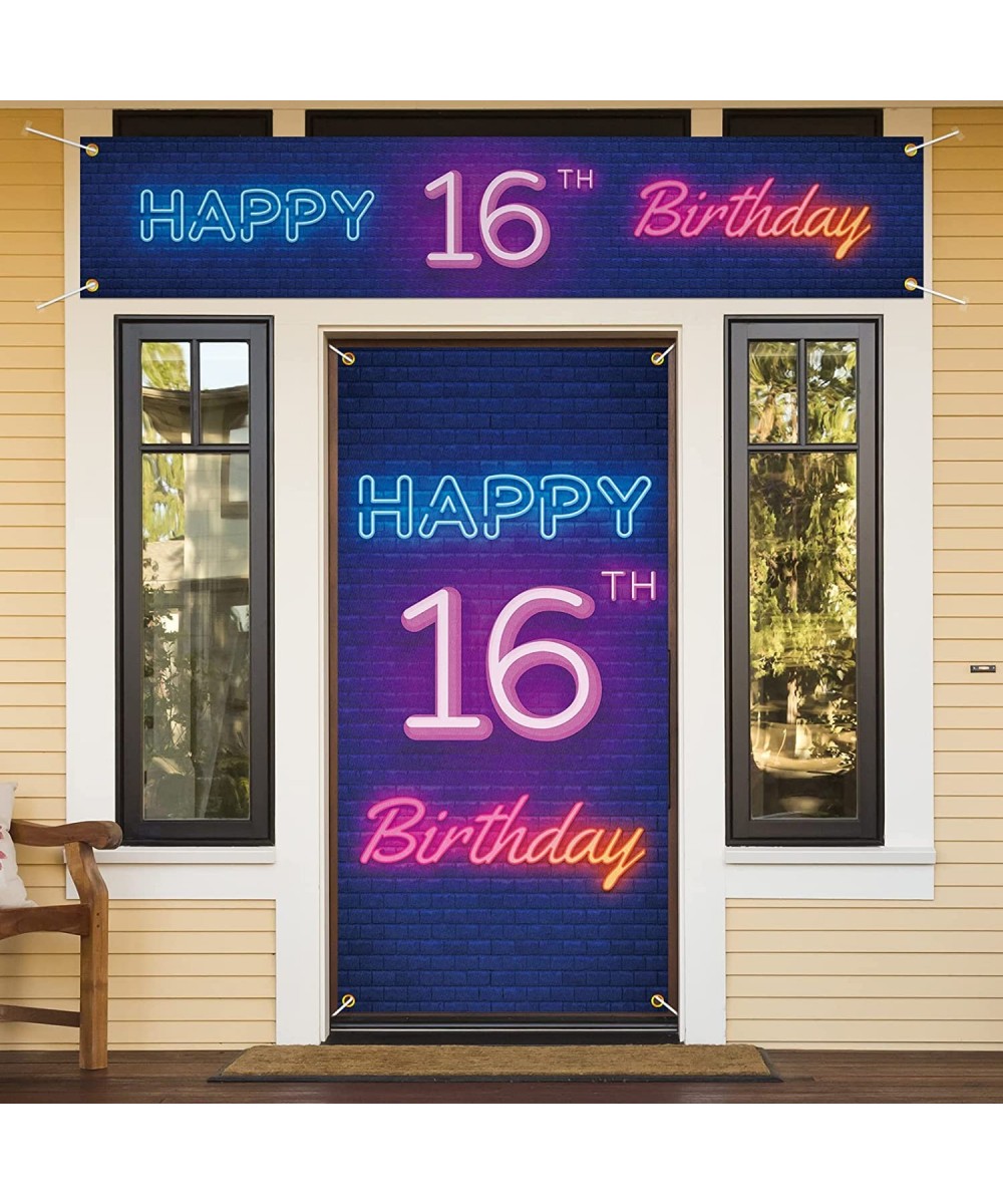 Neon Happy 16th Birthday Door Cover Porch Banner and Large Yard Sign Set Decor Colorful - Glow Neon Theme 16 Years Old Birthd...