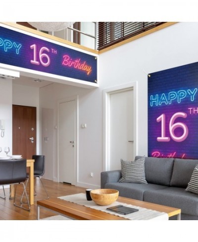 Neon Happy 16th Birthday Door Cover Porch Banner and Large Yard Sign Set Decor Colorful - Glow Neon Theme 16 Years Old Birthd...