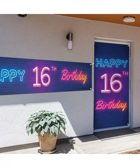 Neon Happy 16th Birthday Door Cover Porch Banner and Large Yard Sign Set Decor Colorful - Glow Neon Theme 16 Years Old Birthd...