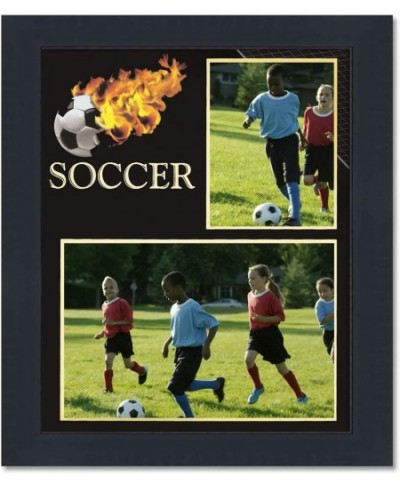 Country Art House Soccer Theme Minimalist Style Black Wood Frame and Fiery Soccer Graphic Fits Two Photos Measuring 3x5 & 7x5...