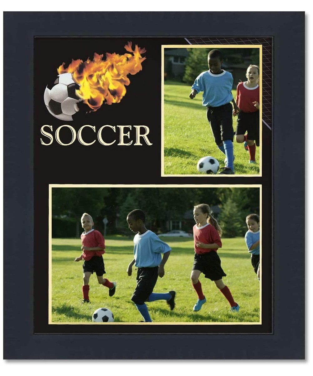 Country Art House Soccer Theme Minimalist Style Black Wood Frame and Fiery Soccer Graphic Fits Two Photos Measuring 3x5 & 7x5...