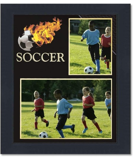 Country Art House Soccer Theme Minimalist Style Black Wood Frame and Fiery Soccer Graphic Fits Two Photos Measuring 3x5 & 7x5...