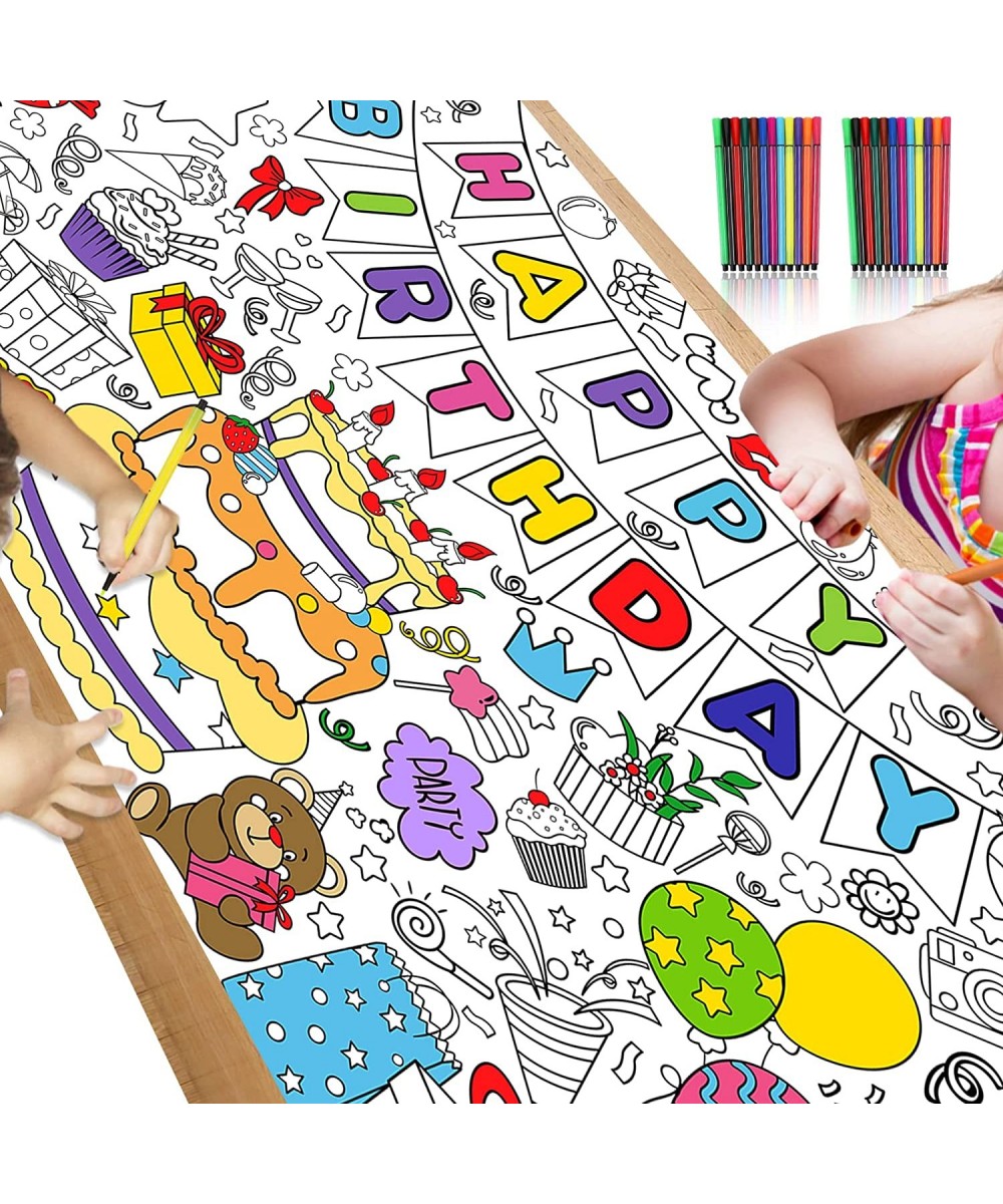 Happy Birthday Coloring Poster with 24 pcs (12 Colors) Paint Pens - 33 x 47 Inches Jumbo Paper Coloring Banner or Tablecloth ...