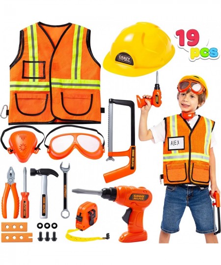 19Pcs Kids Tool Set Pretend Play Toddler Tool Toys with Construction Worker Hat Costume & Electronic Toy Drill for Boy Girl H...