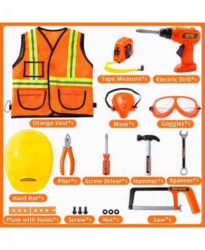 19Pcs Kids Tool Set Pretend Play Toddler Tool Toys with Construction Worker Hat Costume & Electronic Toy Drill for Boy Girl H...