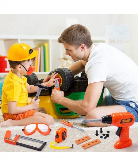 19Pcs Kids Tool Set Pretend Play Toddler Tool Toys with Construction Worker Hat Costume & Electronic Toy Drill for Boy Girl H...