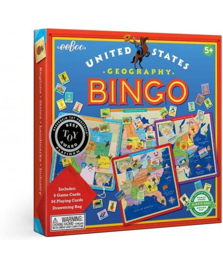 eeBoo: United States Geography Bingo Game for 2 to 6 Players Includes 6 Game Cards 84 Playing Cards & Drawstring Bag For Ages...