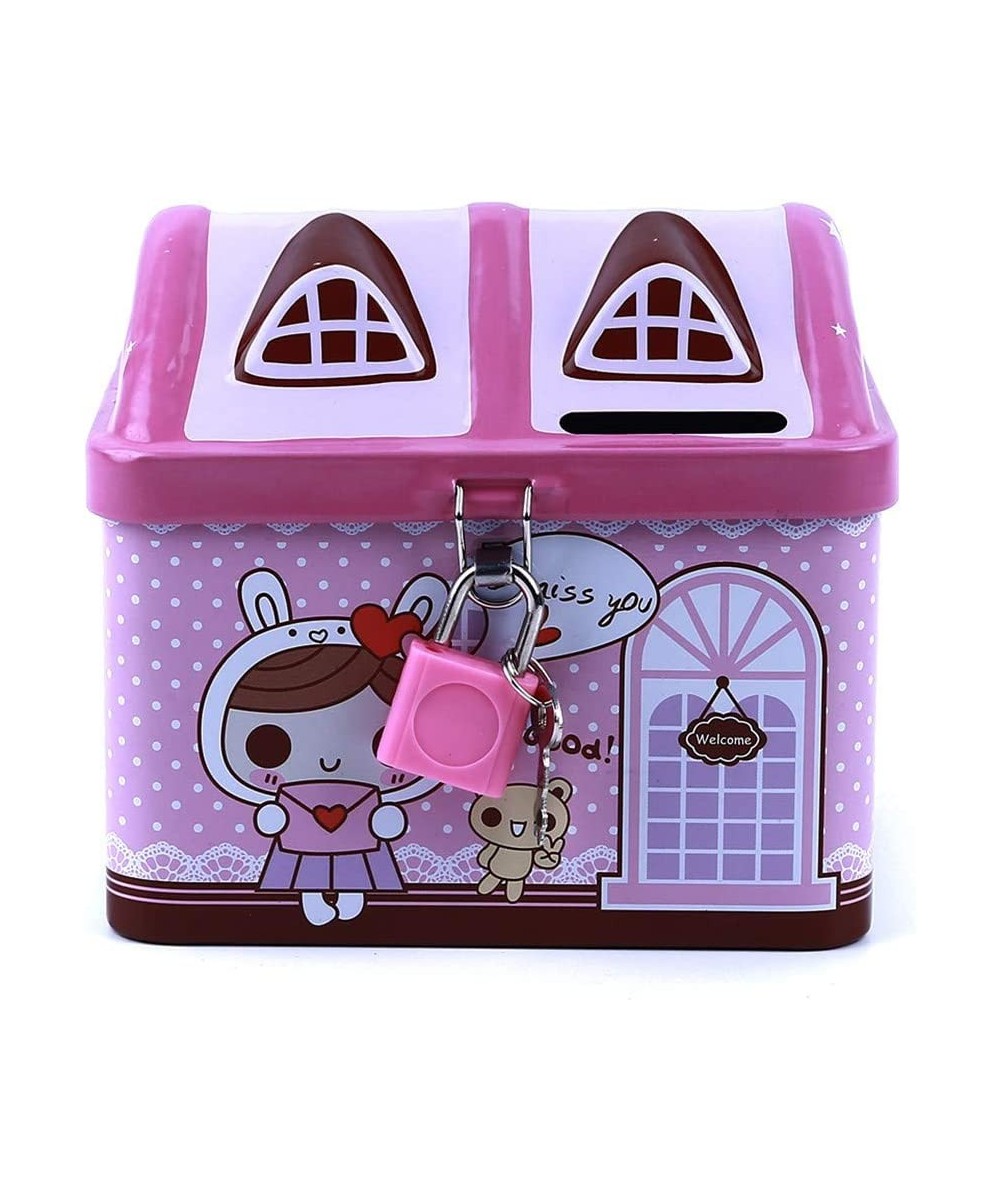 Metal House Shape Piggy Bank Coin Safe Storage Box Child Piggy Banks Key Lock Money Box Creative Children (Pink) $17.17 - Kid...