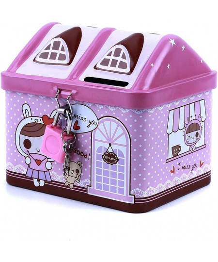 Metal House Shape Piggy Bank Coin Safe Storage Box Child Piggy Banks Key Lock Money Box Creative Children (Pink) $17.17 - Kid...