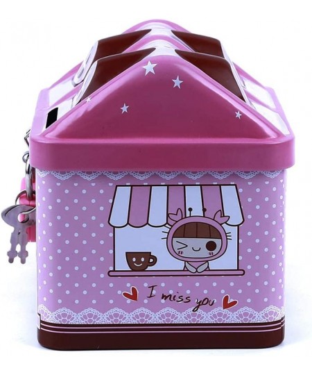 Metal House Shape Piggy Bank Coin Safe Storage Box Child Piggy Banks Key Lock Money Box Creative Children (Pink) $17.17 - Kid...