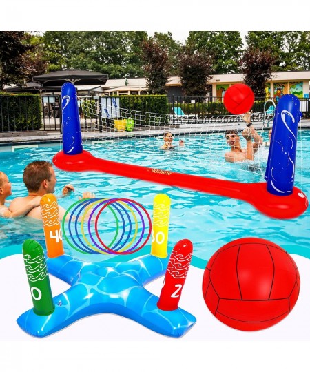 Pool Toys Games Set-Inflatable Volleyball Net & Floating Ring Toss Game for Kids 3 4 5 6 7 8 9 10 11 12 Adults Poolside Swimm...