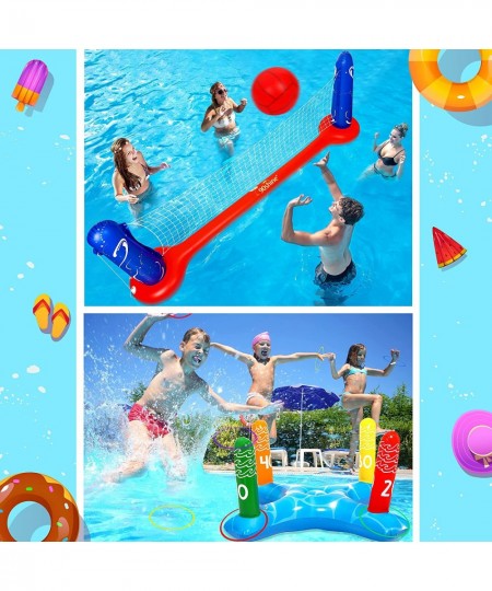 Pool Toys Games Set-Inflatable Volleyball Net & Floating Ring Toss Game for Kids 3 4 5 6 7 8 9 10 11 12 Adults Poolside Swimm...