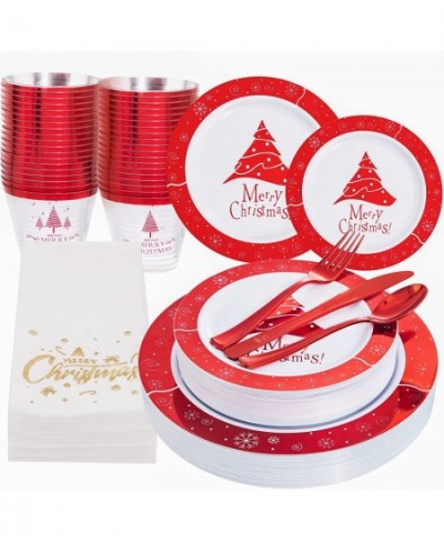 210 PCS Christmas Plastic Plates Red Christmas Party Plates with Christmas Tree Design Include 30 Dinner Plates 30 Dessert Pl...