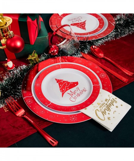 210 PCS Christmas Plastic Plates Red Christmas Party Plates with Christmas Tree Design Include 30 Dinner Plates 30 Dessert Pl...