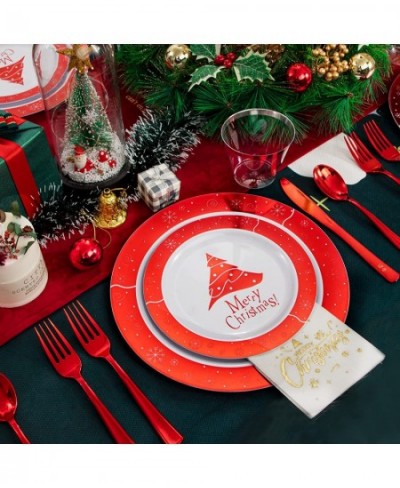 210 PCS Christmas Plastic Plates Red Christmas Party Plates with Christmas Tree Design Include 30 Dinner Plates 30 Dessert Pl...