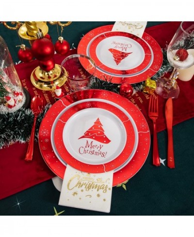 210 PCS Christmas Plastic Plates Red Christmas Party Plates with Christmas Tree Design Include 30 Dinner Plates 30 Dessert Pl...