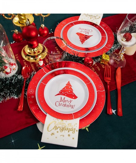 210 PCS Christmas Plastic Plates Red Christmas Party Plates with Christmas Tree Design Include 30 Dinner Plates 30 Dessert Pl...