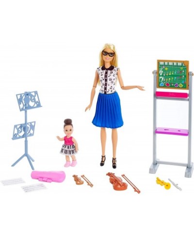 Music Teacher Doll Blonde and Playset with Flipping Chalkboard Brunette Student Small Doll and 4 Musical Instruments Career-T...