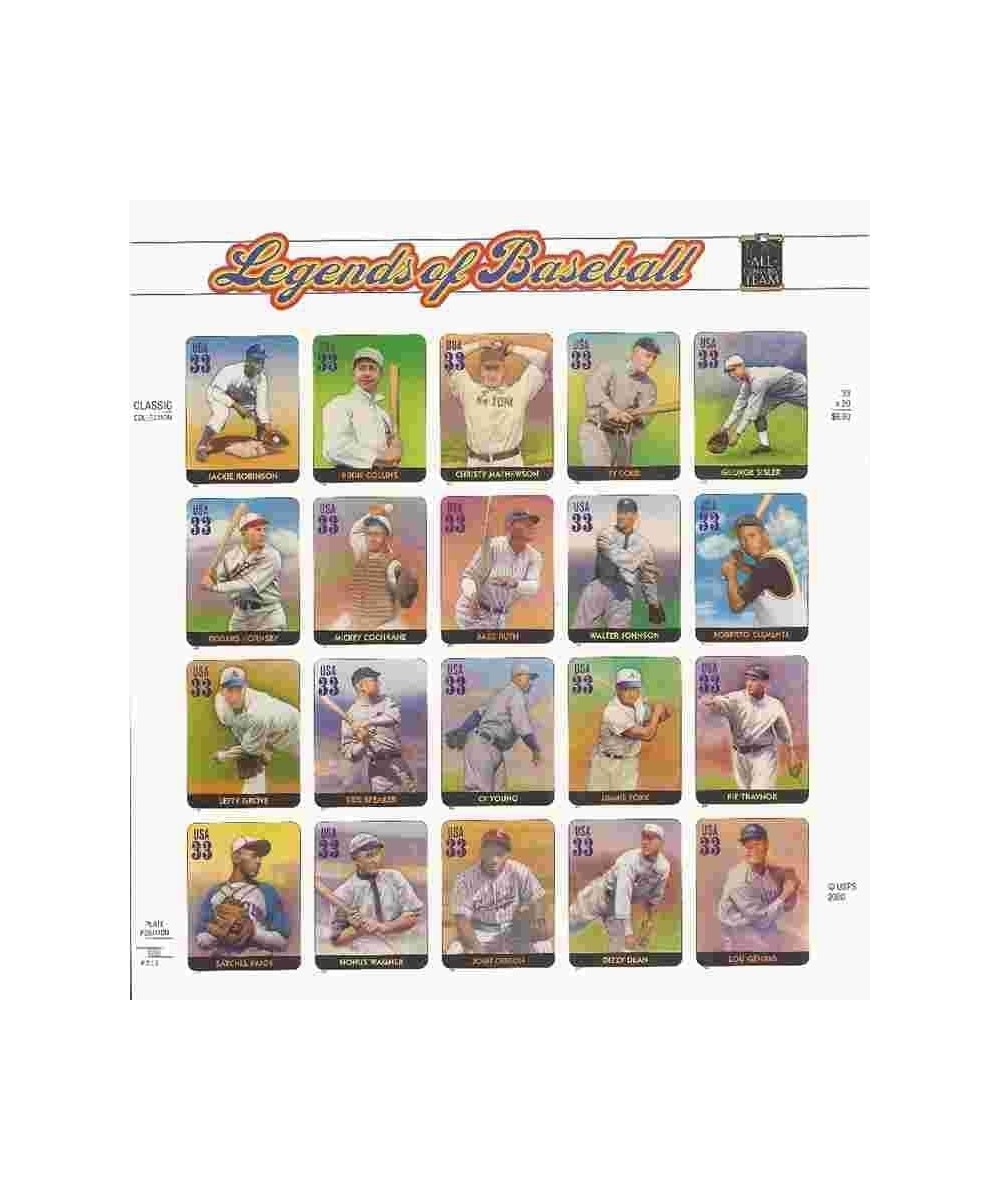 Legends of Baseball Full Sheet of 20 x 33-Cent Postage Stamps USA 2000 Scott 3408 $22.82 - Collectible Postage Stamps