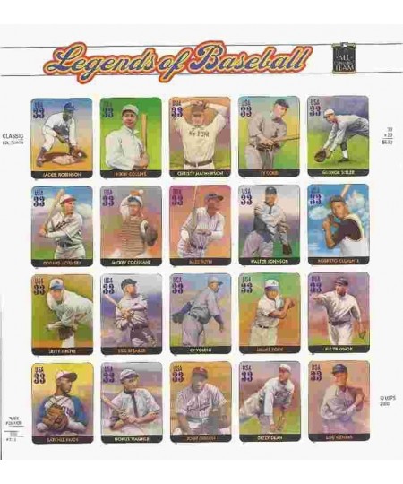 Legends of Baseball Full Sheet of 20 x 33-Cent Postage Stamps USA 2000 Scott 3408 $22.82 - Collectible Postage Stamps