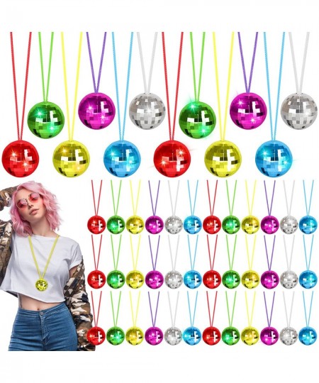 48 Pack Assorted Color Disco Ball Necklaces 70s Disco Party Necklaces 1.57 Inch Mirror Disco Ball Costume Necklaces For Birth...