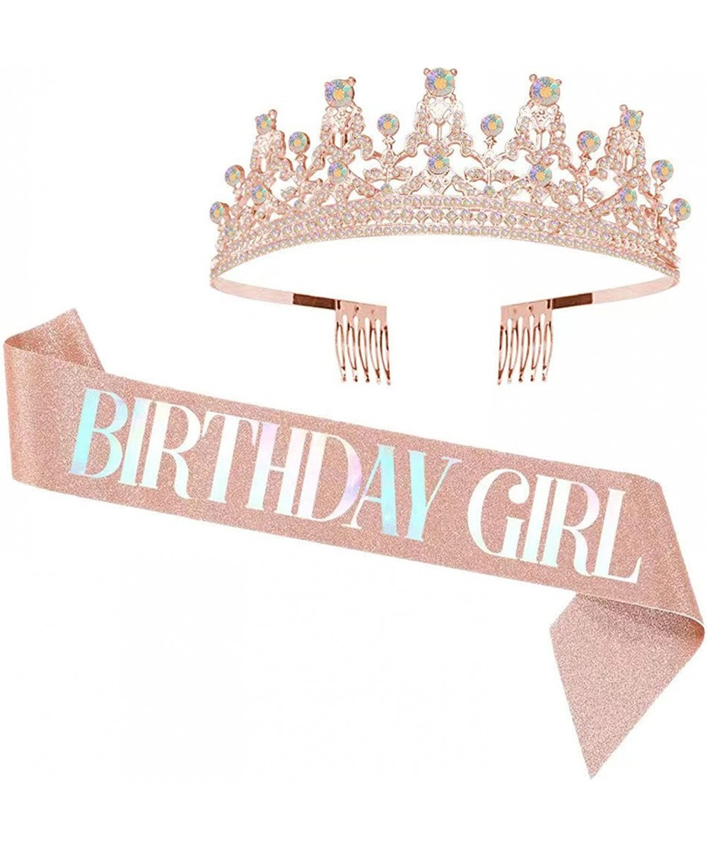 Rose Gold Birthday Girl Sash and Tiara Set Birthday Tiara and Crowns for Women Birthday Tiara for Women with Rhinestone Birth...