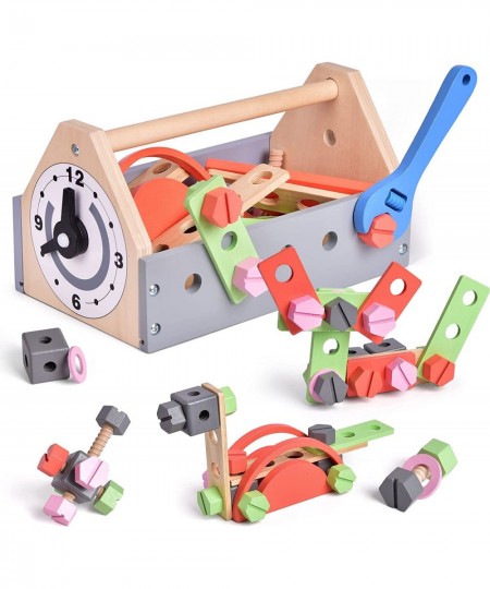 45 PCs Wooden Tool Set for Toddlers Pretend Play Construction Kids Tool Set with Wooden Tool Box and Accessory Play Set Creat...